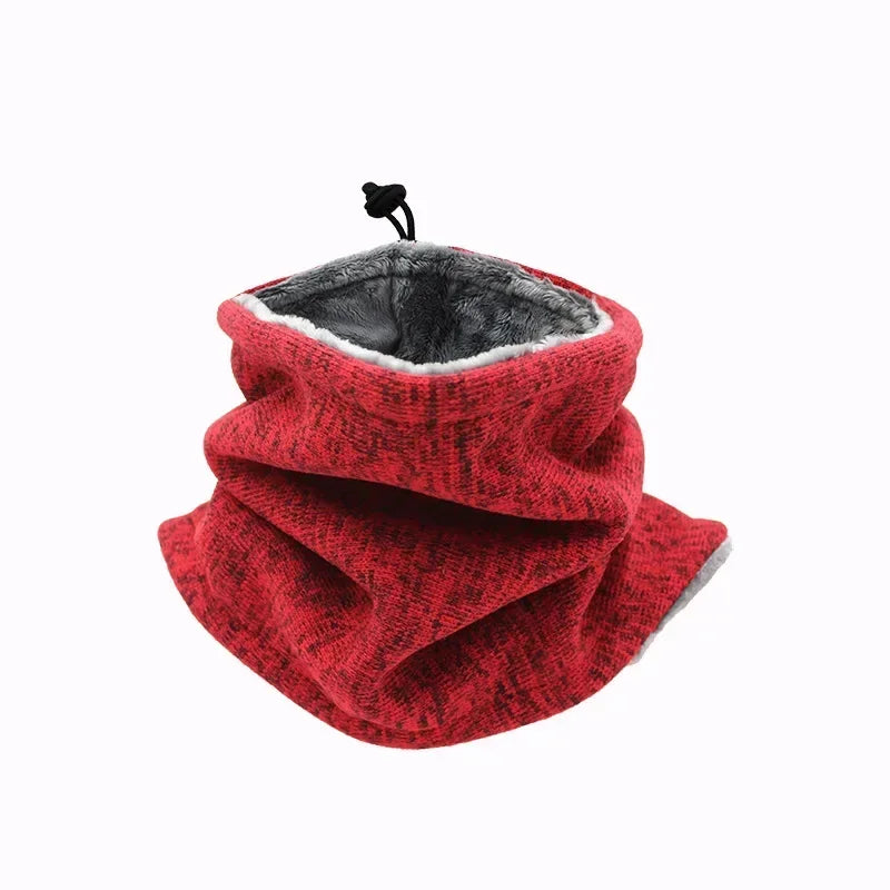 Red knitted neck warmer with gray interior on a white background