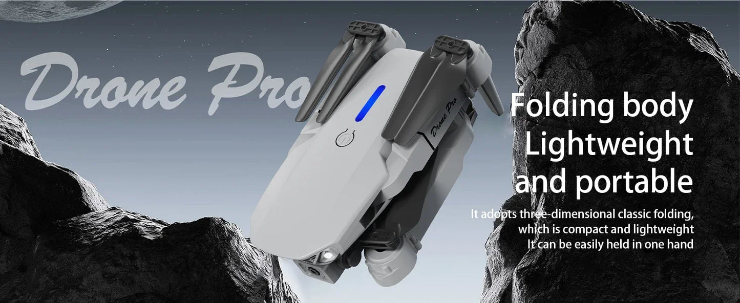 Folding drone pro with text on a rocky background