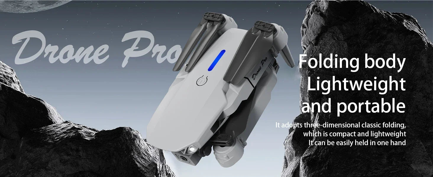 Folding drone pro with text on a rocky background