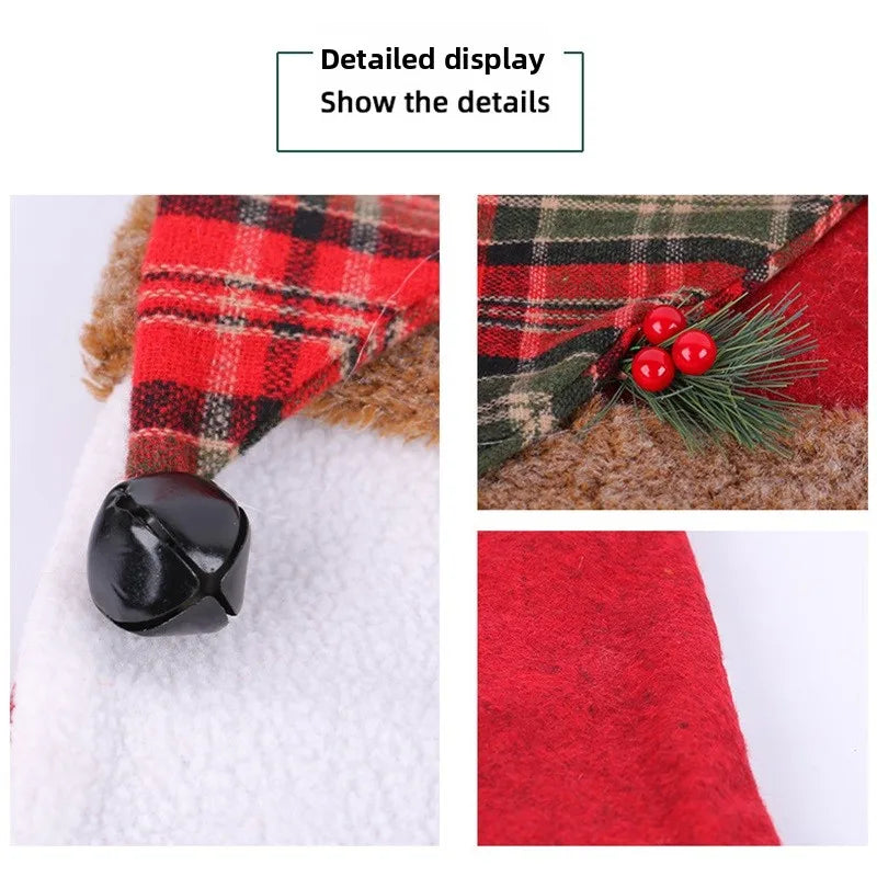 Red plaid dog coat with black bell and holly detail on a white background