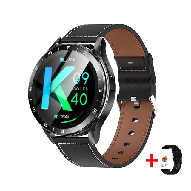 Smartwatch with a brown leather strap on a white background