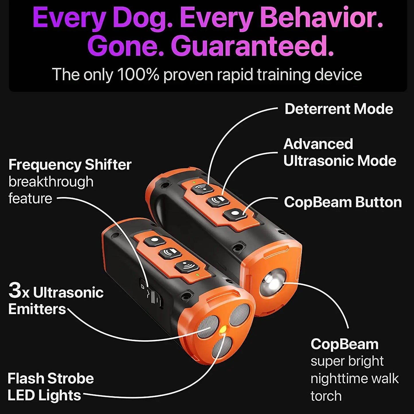 Two orange and black dog training devices with features highlighted on a black background.