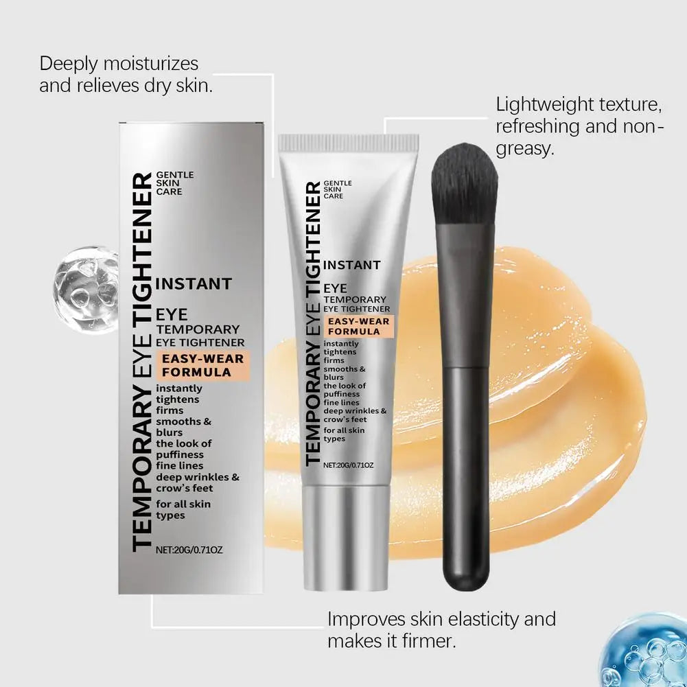 Eye tightening product with packaging, tube, brush, and texture sample on a light gray background.