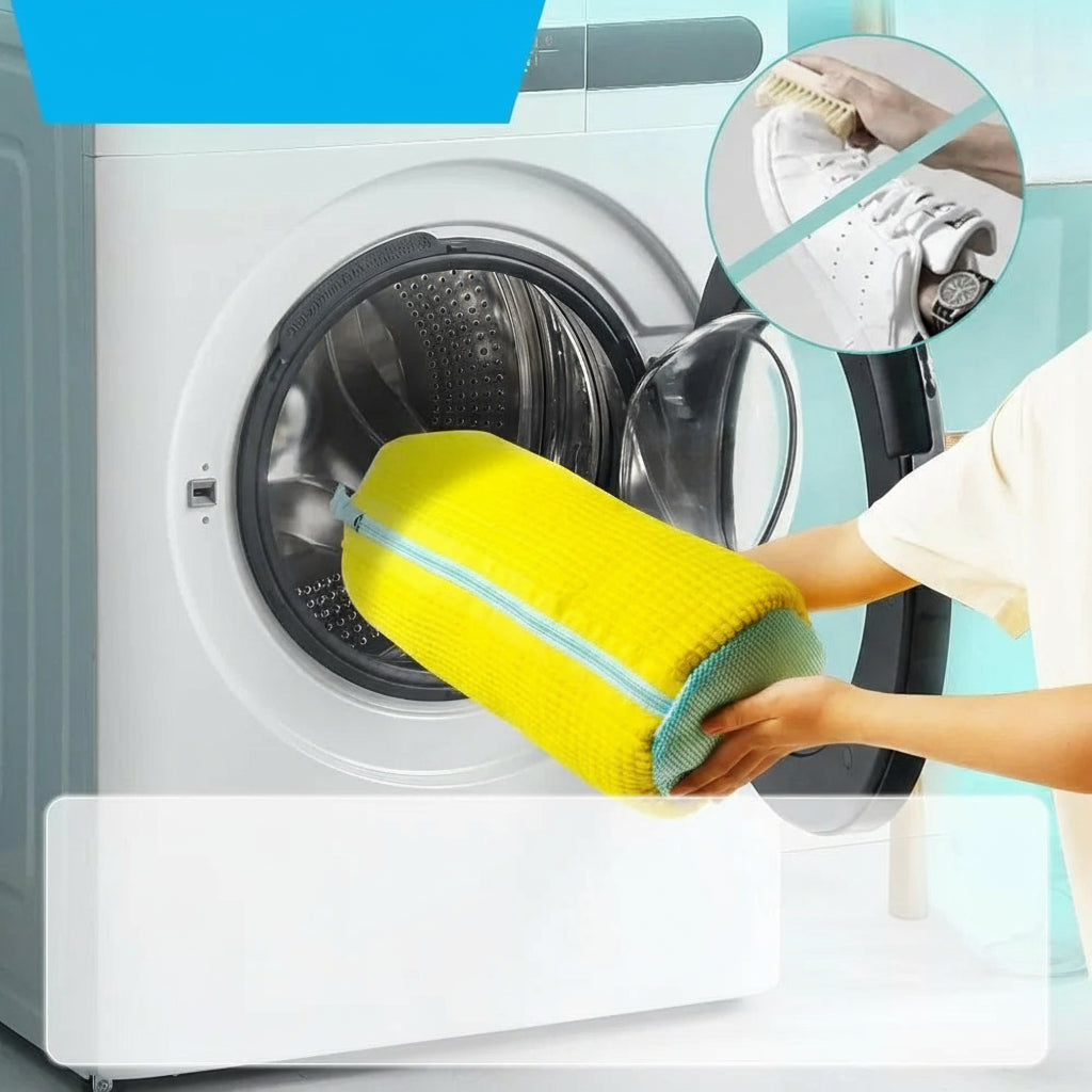 Person using a yellow cleaning brush with text 'Free Your Hands' and icons indicating features.