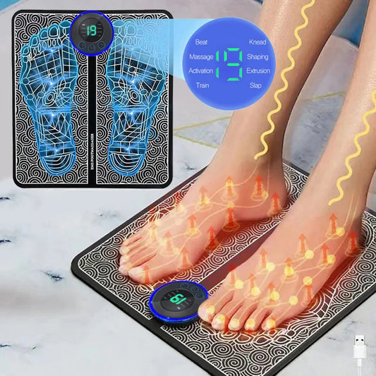 Person using a foot mat with digital display and LED lights on a marble surface