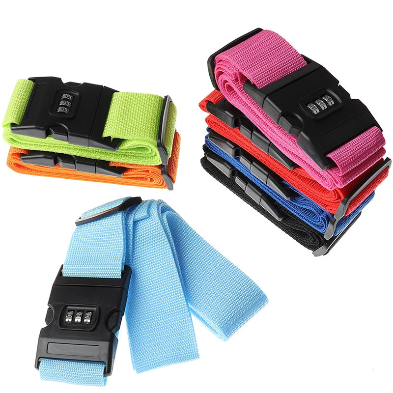 Set of colorful luggage straps with combination locks on a white background