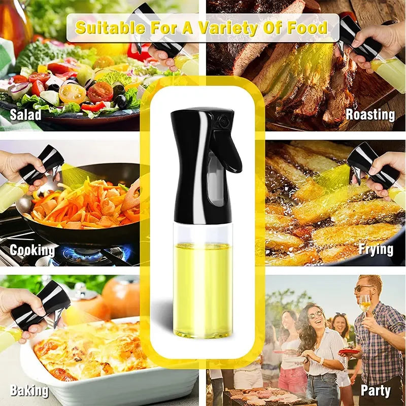 Olive oil sprayer with uses for salad, roasting, cooking, frying, baking, and party scenarios.