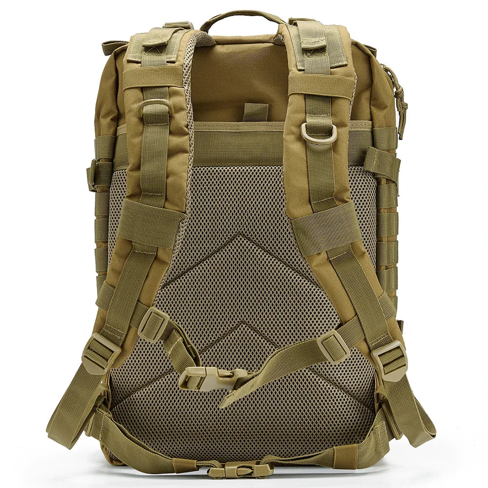 Tan tactical backpack on a white background