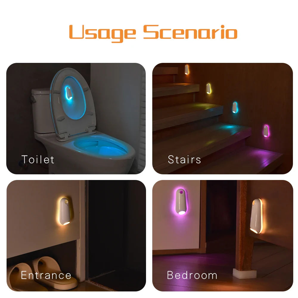 Usage scenario of a smart light bulb in various settings including toilet, stairs, entrance, and bedroom.