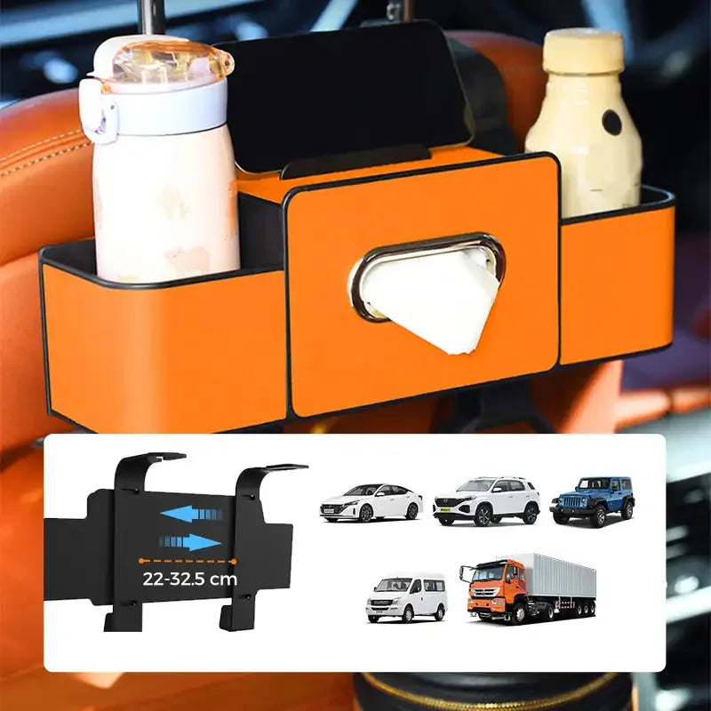 Orange car organizer with cup holder, bottle opener, and tissue holder on a car seat.