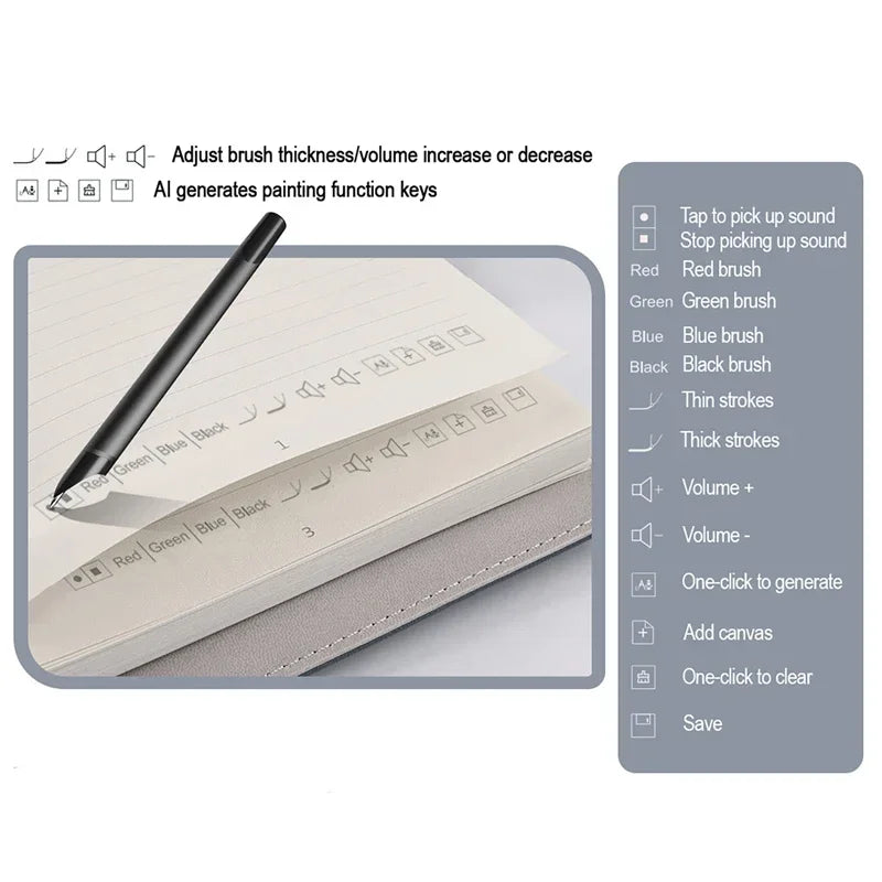 Notebook with a pen on top, surrounded by software interface elements on a white background
