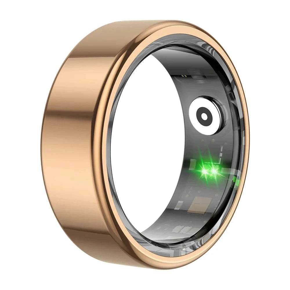 Smart ring with a metallic band on a white background