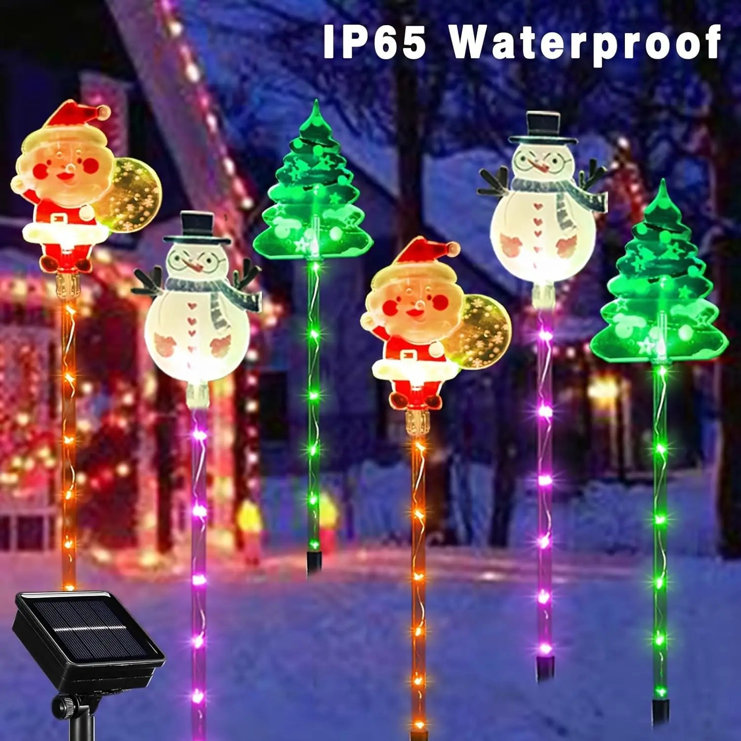 Set of Christmas-themed solar lights with IP65 waterproof label on a snowy background.