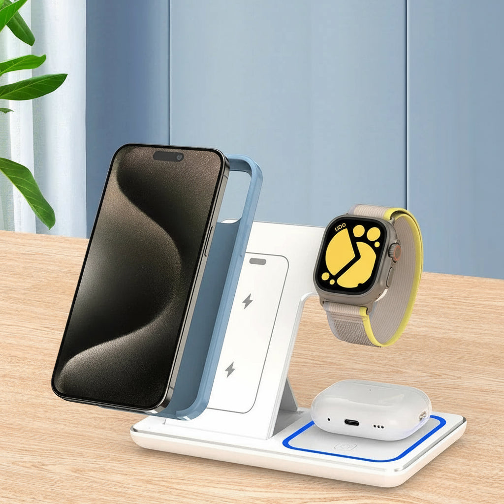 Wireless charging station with smartphone, smartwatch, and wireless earbuds on a wooden surface.