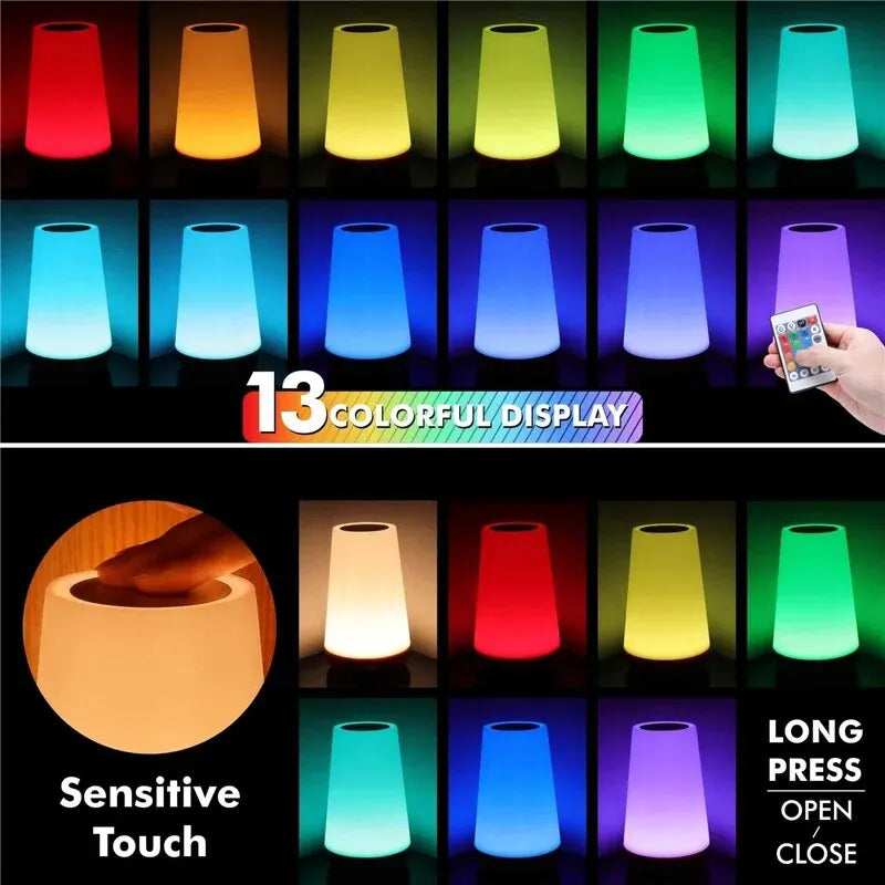 Colorful LED lamp with remote control and various color displays.