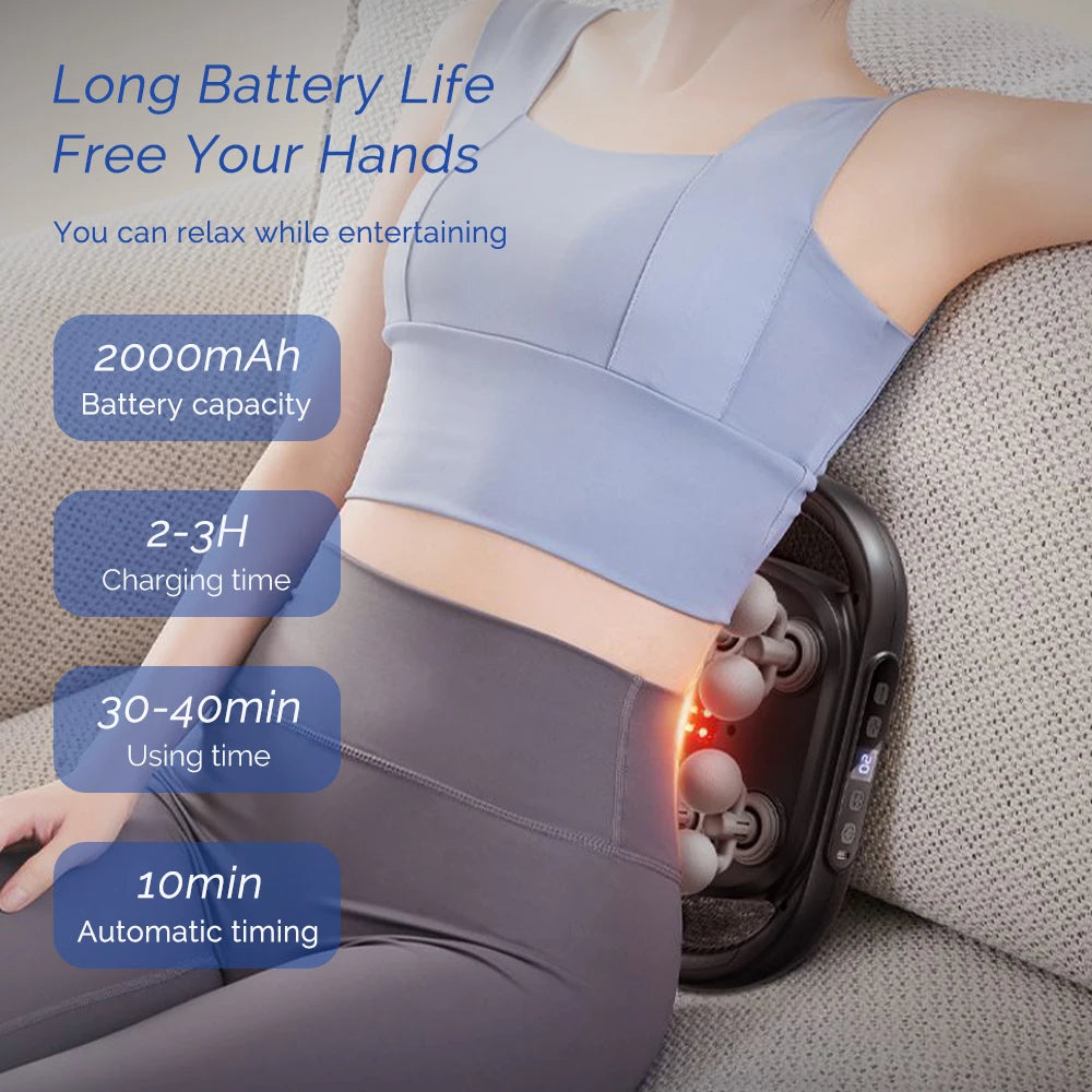 Person using a massage device with text on battery life and features.