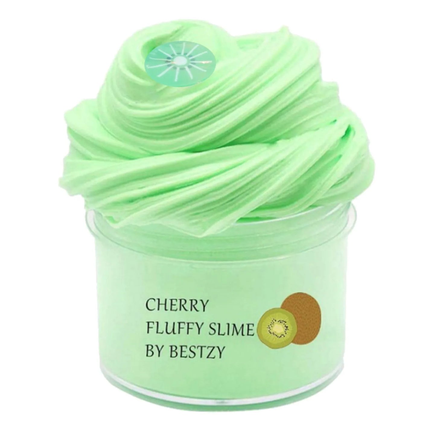 Green fluffy slime in a container with 'Cherry Fluffy Slime by Bestzy' text on a white background