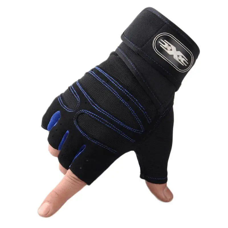 Black half-finger glove with blue accents on a white background