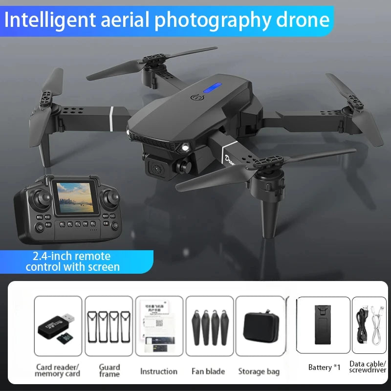 Intelligent aerial photography drone with remote control on a reflective surface