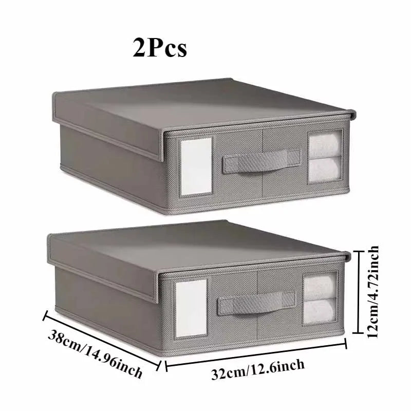 Two gray storage boxes with lids, measurements, and '2Pcs' text on a white background.