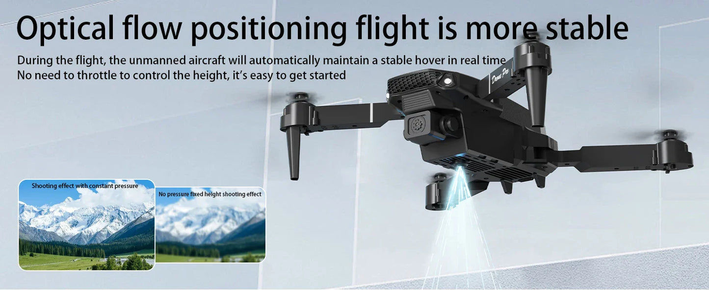 Unmanned aircraft with text about optical flow positioning stability on a mountainous landscape background.