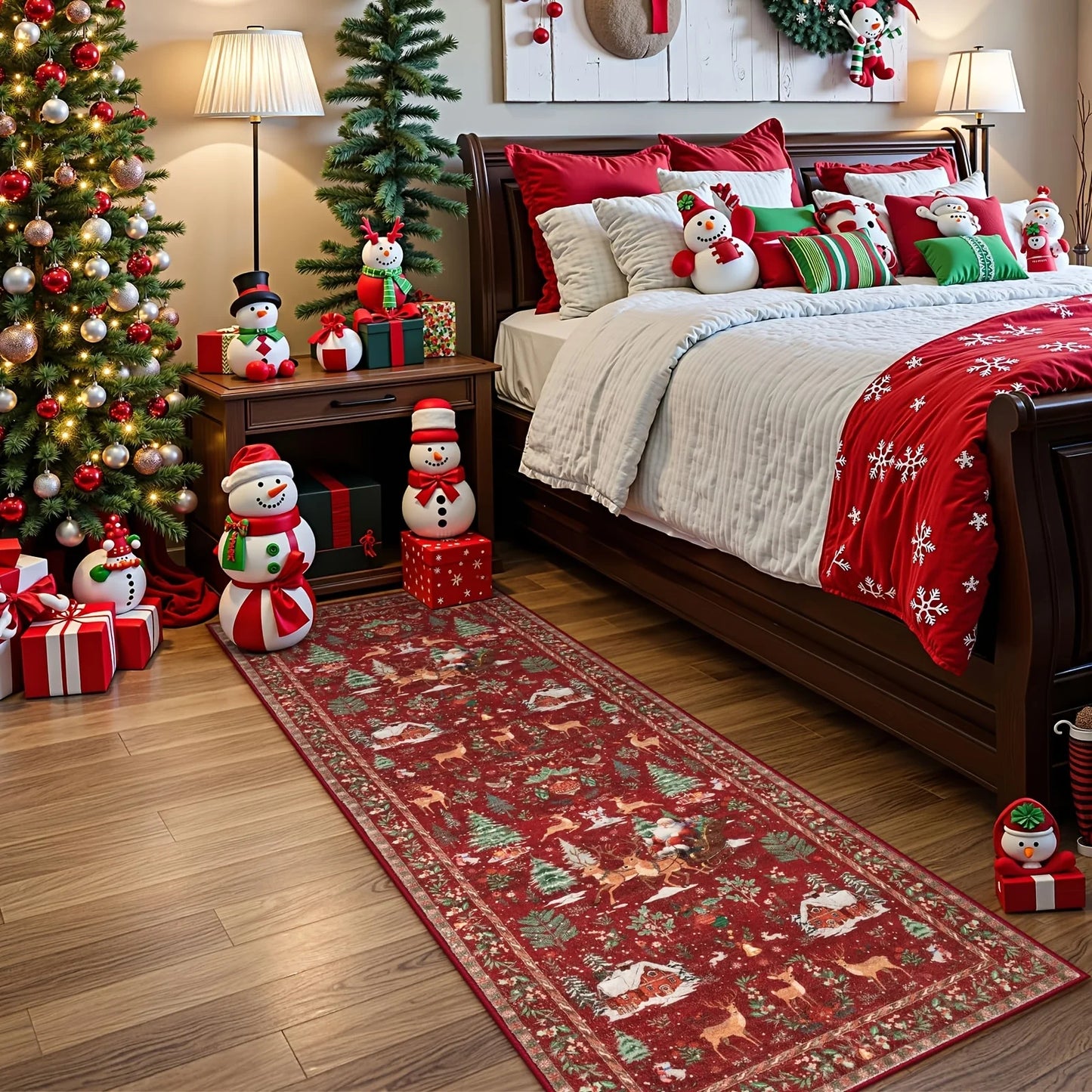 Decorated bedroom with Christmas theme, including a bed with festive pillows, Christmas trees, and decorations.