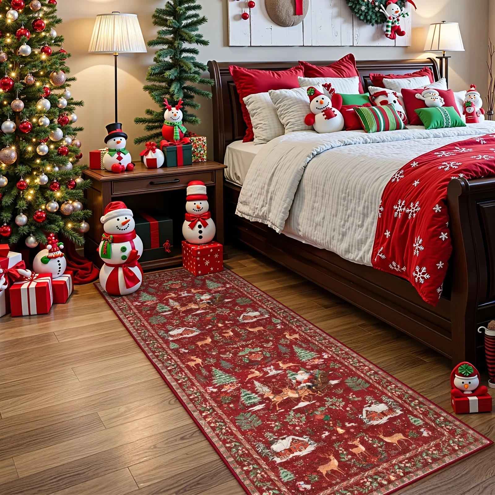 Decorated bedroom with Christmas theme, including a bed with festive pillows, Christmas trees, and decorations.