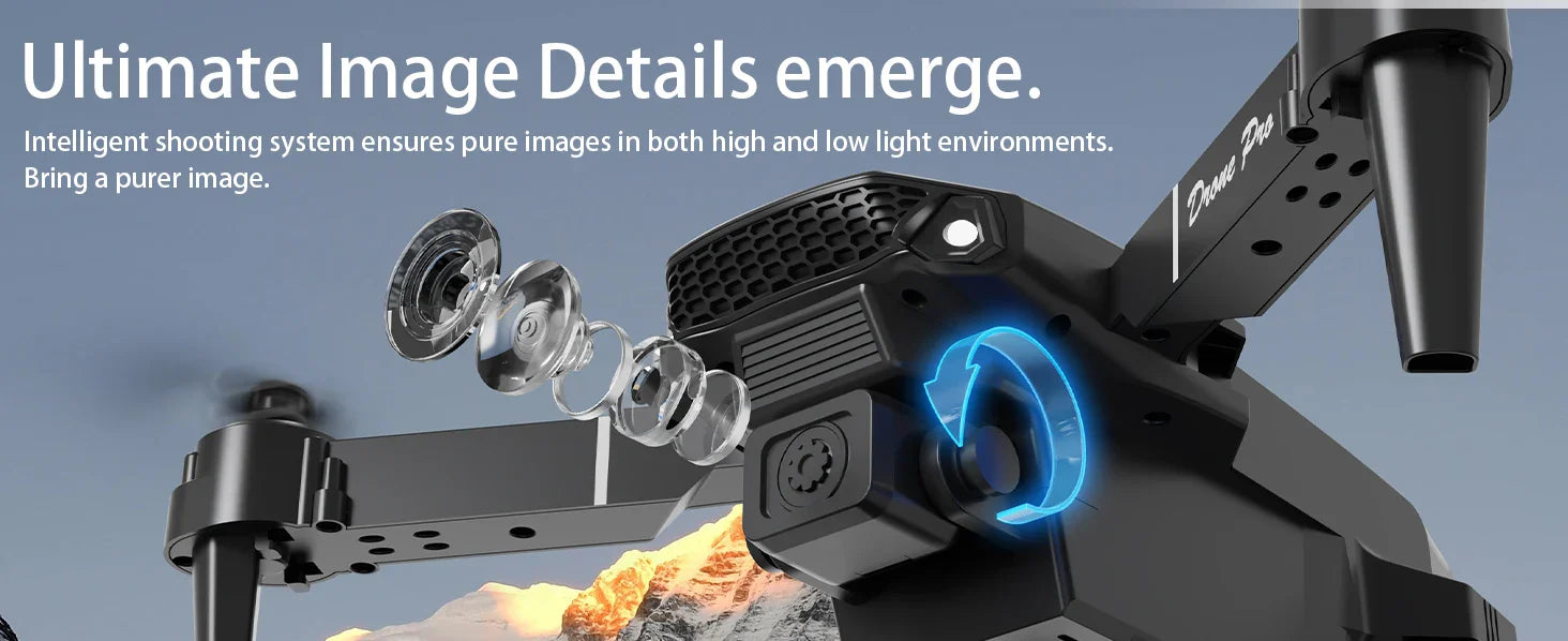 Drone with camera and lens, with text about image quality in various lighting conditions.