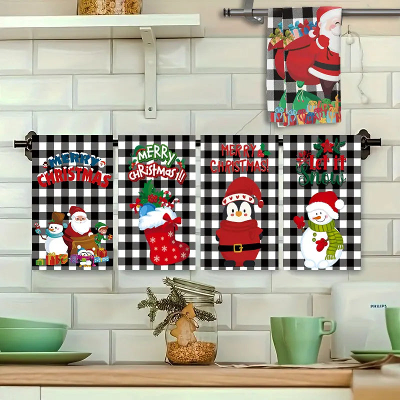 Set of Christmas-themed kitchen towels with Santa, penguin, and snowman designs on a checkered background.
