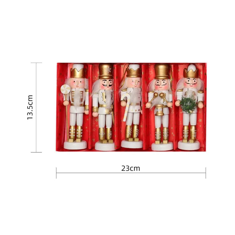 Set of five Nutcracker figurines in a red box with measurements on a white background