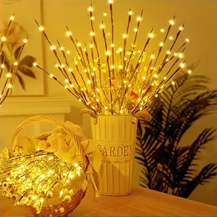Decorative lights in a pot on a table with a warm glow