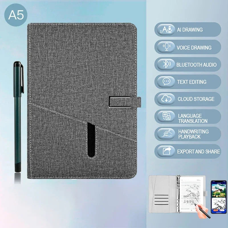 Gray notebook with pen holder and digital device interface on a light blue background