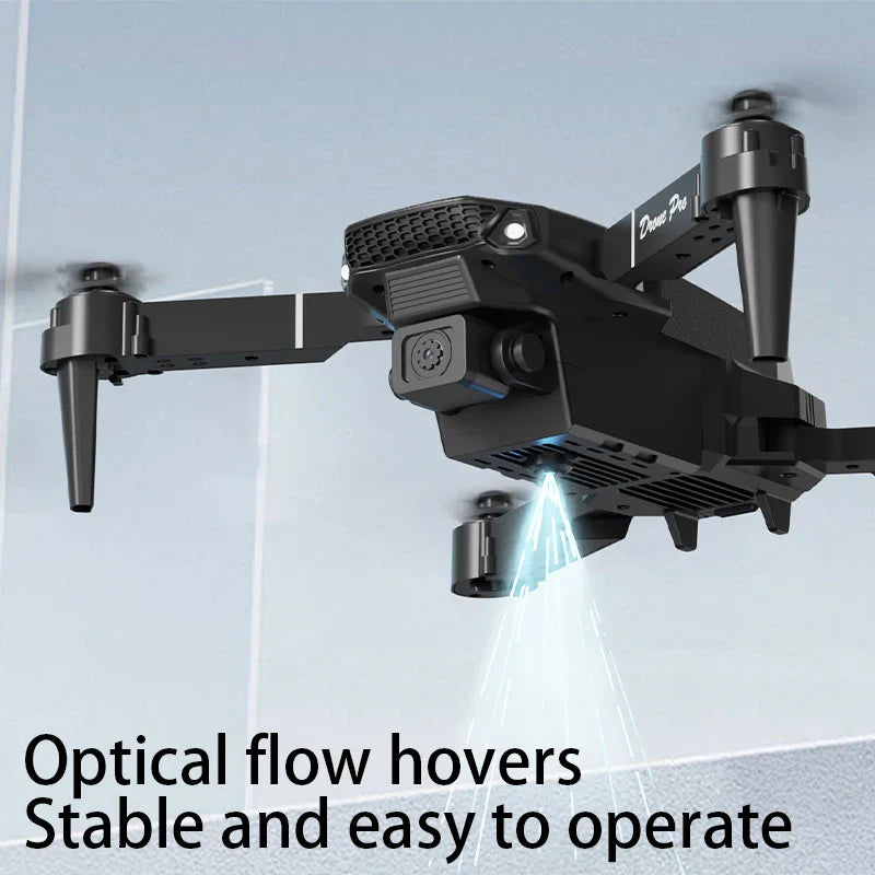 Black drone hovering with text 'Optical flow hovers Stable and easy to operate' on a light blue background