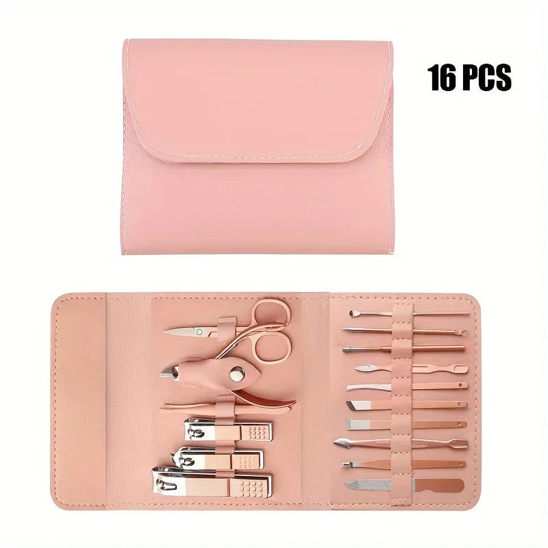 Pink nail care set with tools and a case on a white background