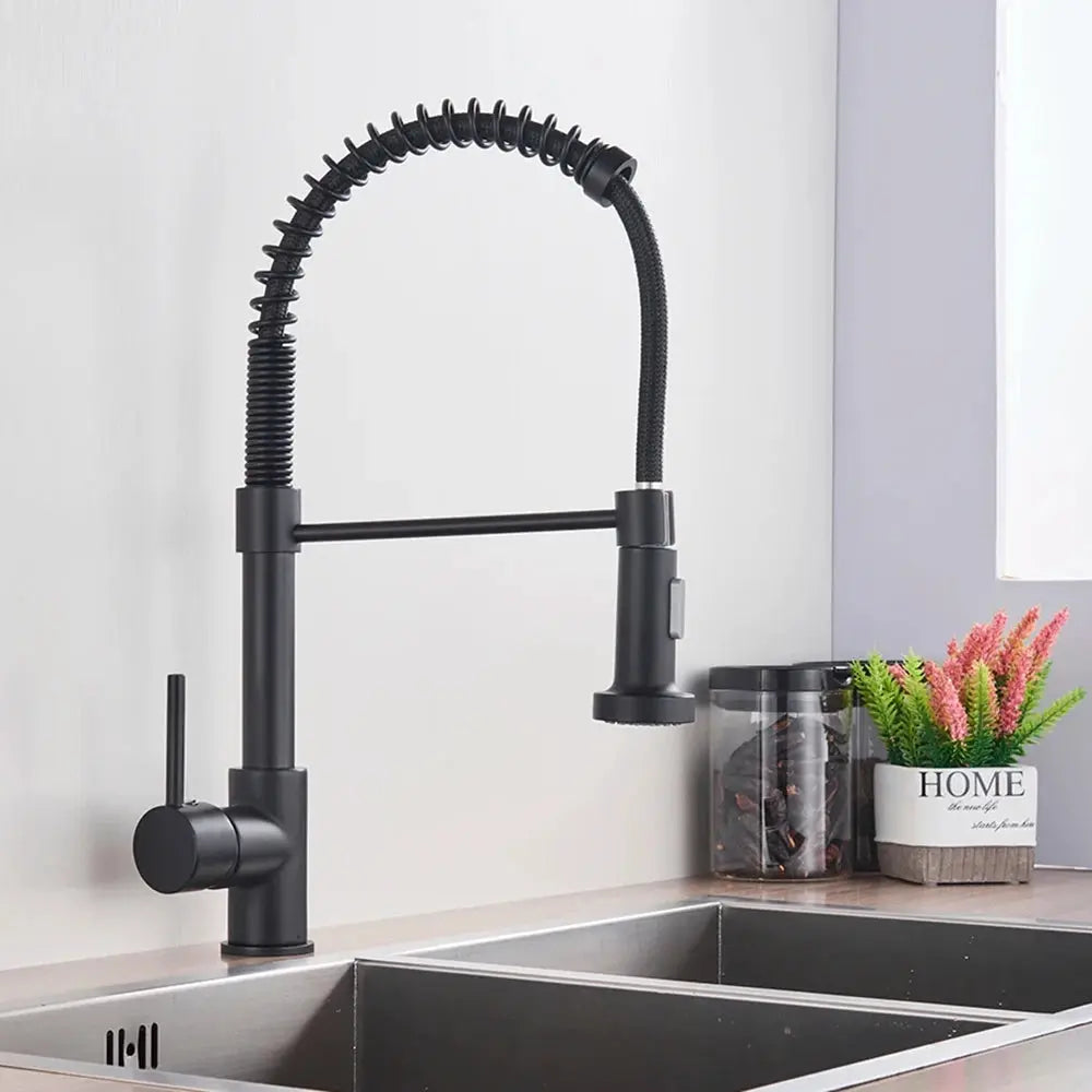 Black kitchen faucet above a sink with decorative plants on a light-colored wall.