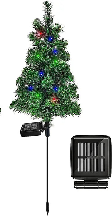 Small artificial Christmas tree with colorful lights and a solar panel on a white background