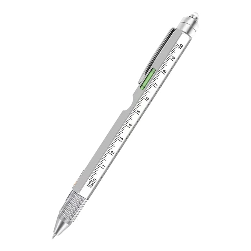 Metallic pen with ruler and measurement markings on a white background