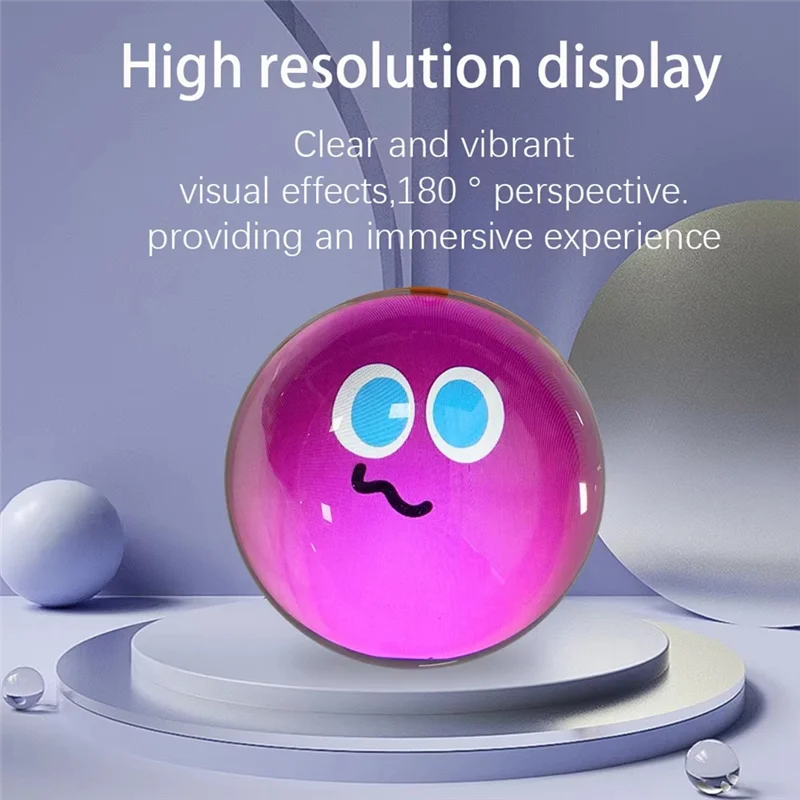 Pink spherical object with a face on a white platform against a light blue background, with text about high resolution display.