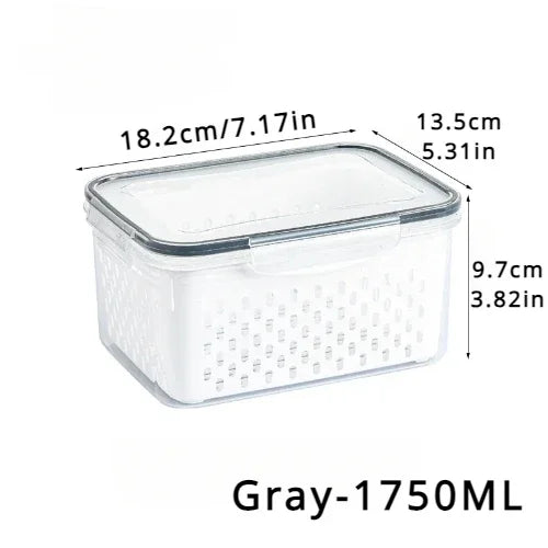 Clear storage container with dimensions labeled on a white background