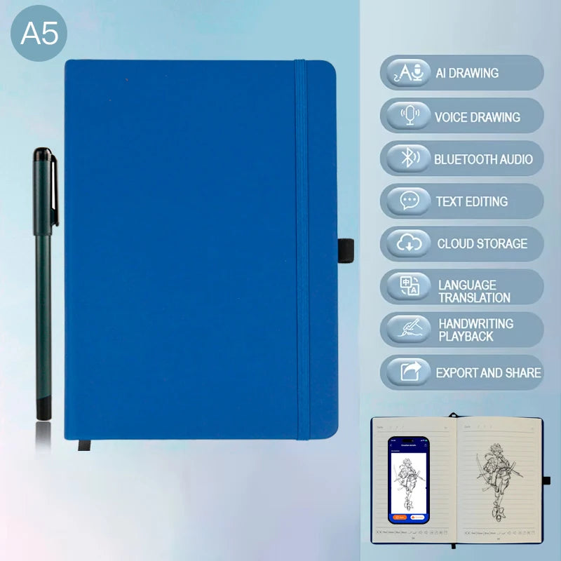Blue notebook with digital features on a light blue background