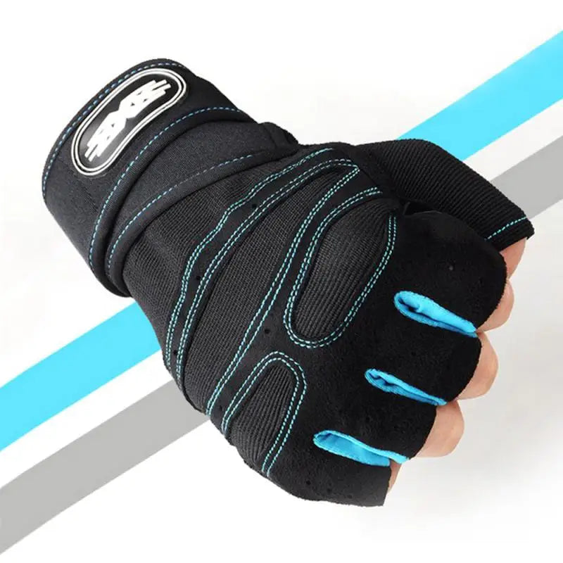 Black and blue weightlifting glove on a white background
