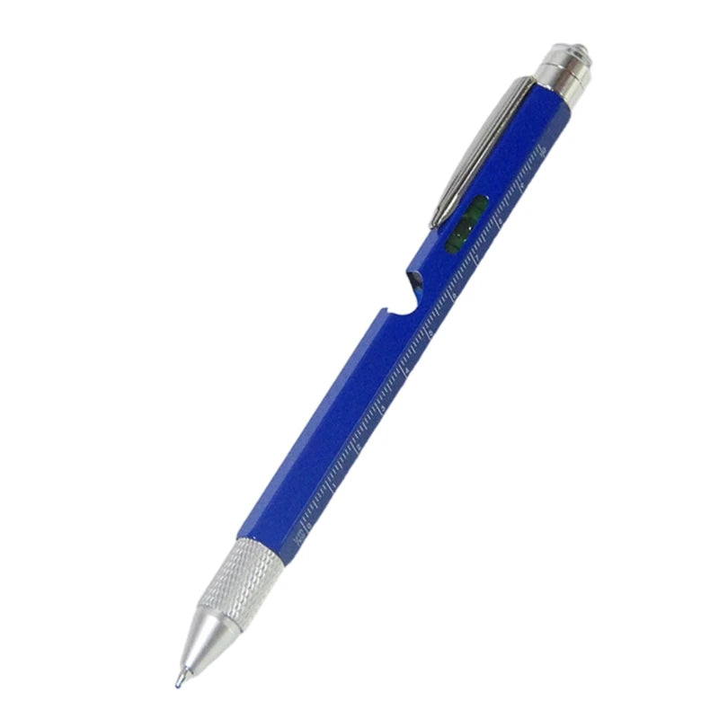Blue pen with silver accents on a white background