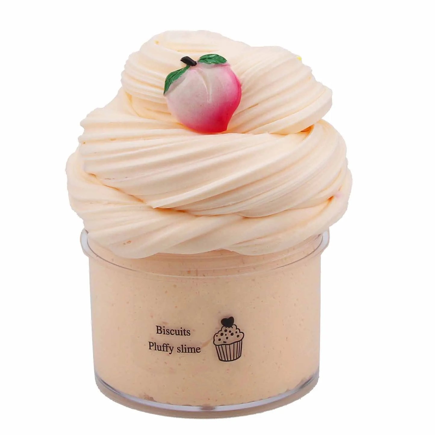 Plush toy with a peach on top in a container labeled 'Biscuits Pluffy slime' on a white background