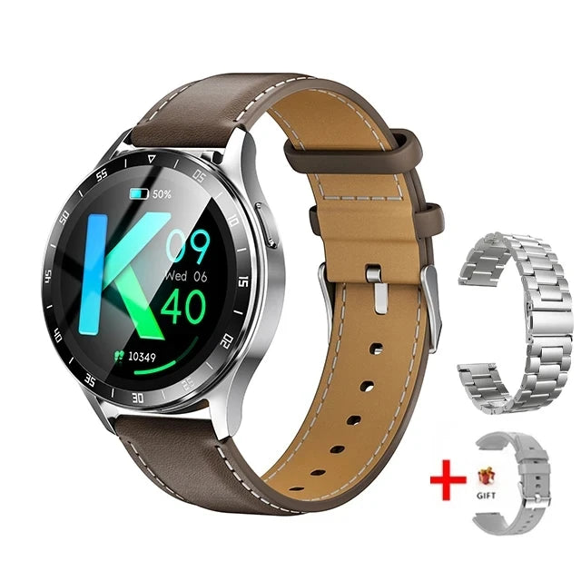 Smartwatch with brown leather strap and additional metal strap on a white background