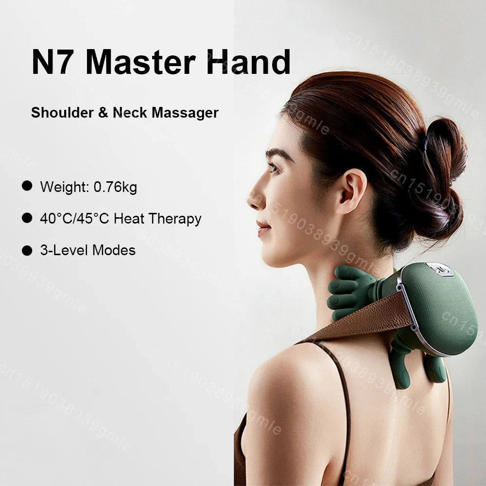 Woman using a shoulder and neck massager with product details on a white background