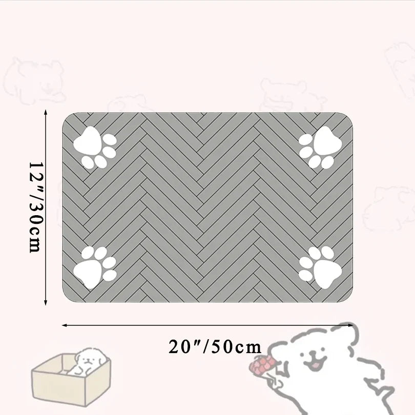 Pet mat with paw prints and dimensions on a white background