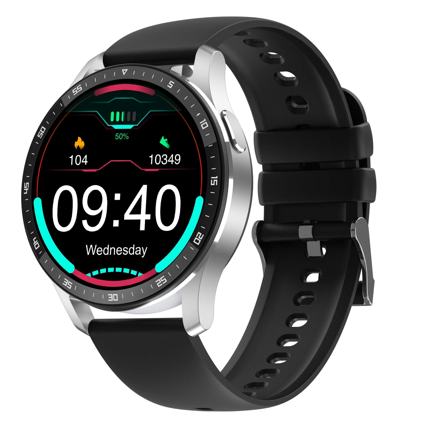 Smartwatch with a black strap on a white background