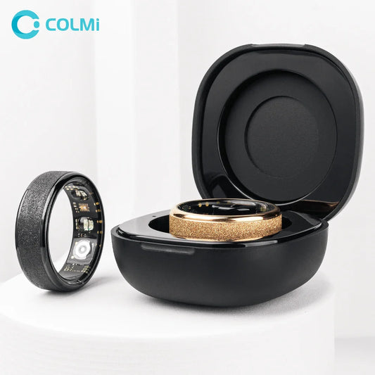 Black electronic device with cork-like material inside, open on a white background, featuring the COLMi brand.