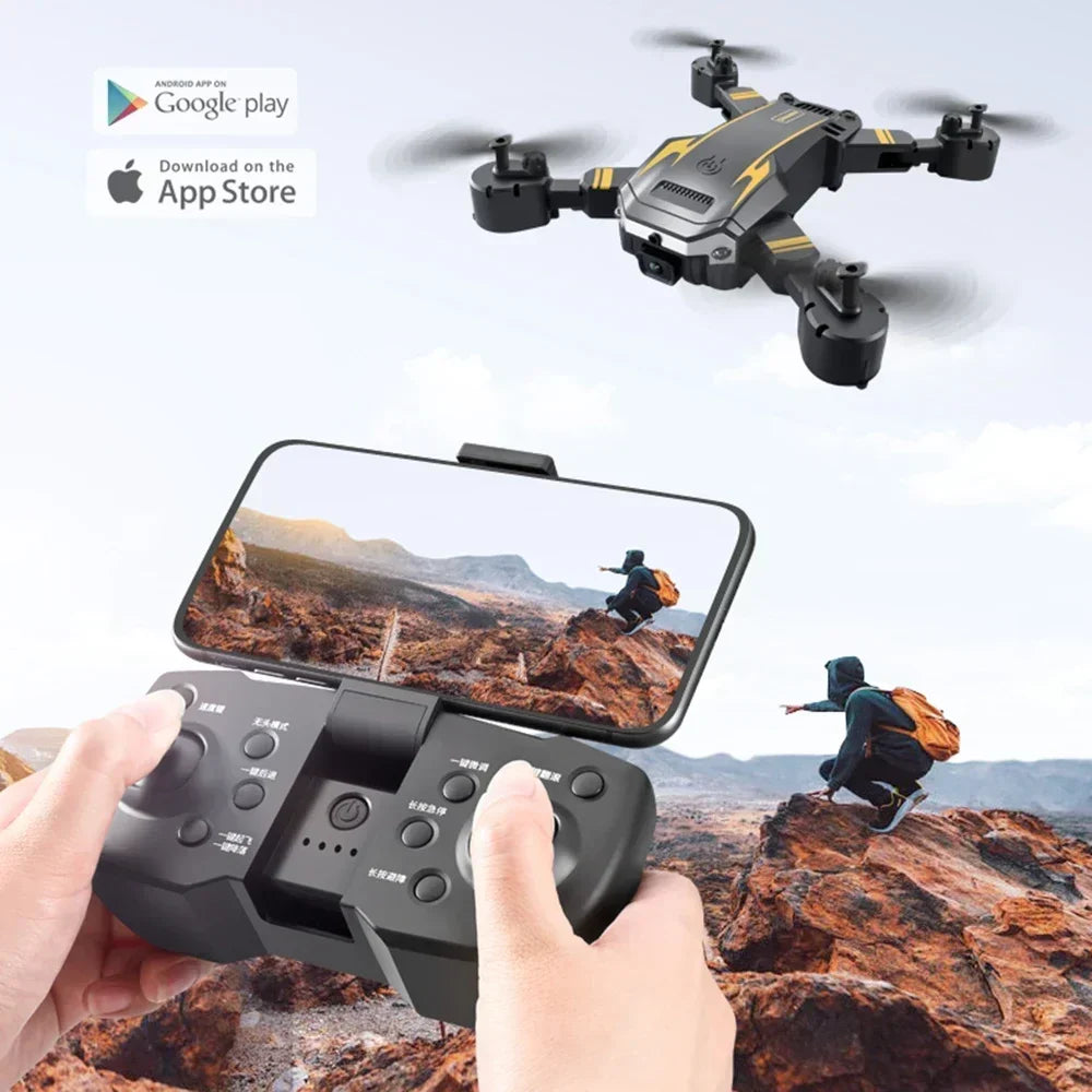 Drone and controller with smartphone displaying footage on a mountainous background, featuring Google Play and App Store logos.
