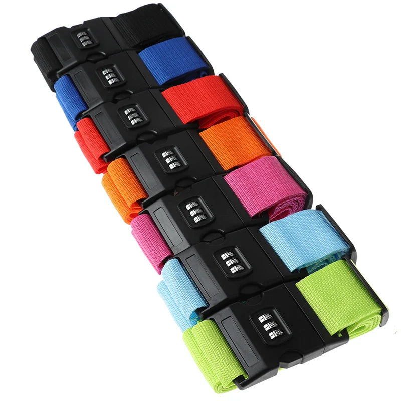 Set of colorful luggage straps with black combination locks on a white background
